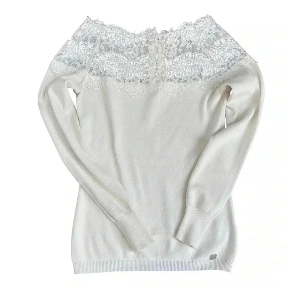 Lipsy Off Shoulder Ivory Sweater Eyelash Lace Trim Womens‎ SM Coquette Preppy - Picture 1 of 9